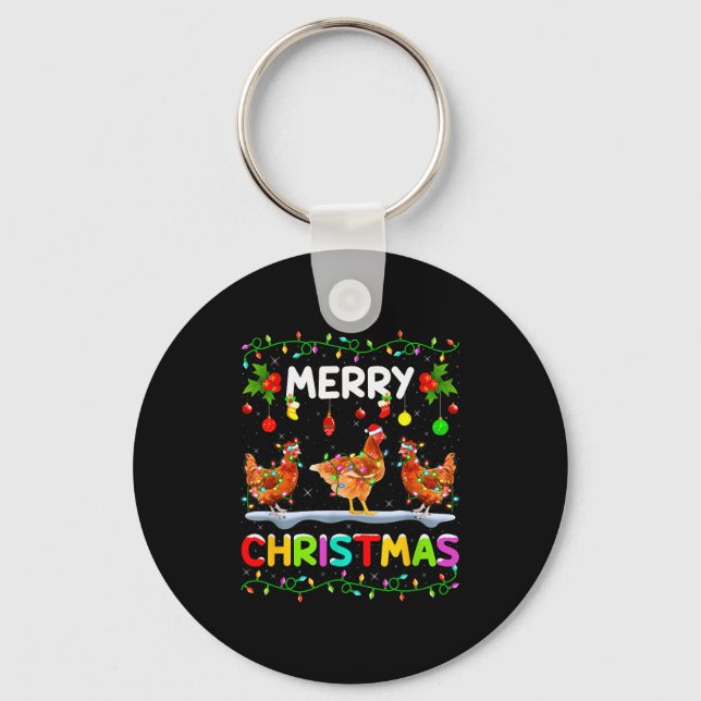 Chicken Merry Christmas Lights Santa Hat Funny Chi Key Ring (Front)
