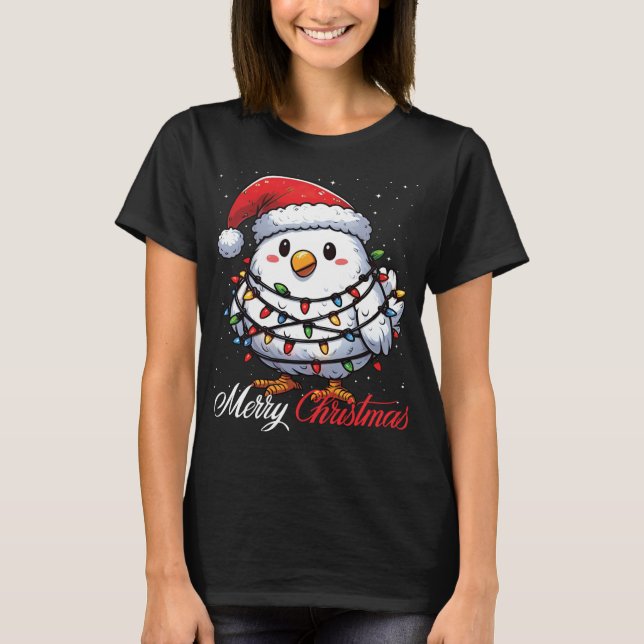 Chicken Merry Christmas Lights Santa Hat Xmas Snow T-Shirt (Front)