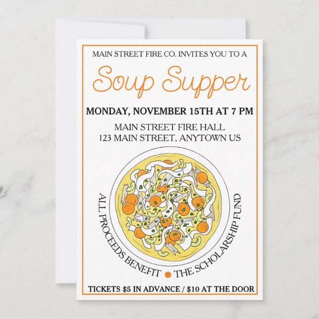 Chicken Noodle Soup Bowl Supper Dinner Party Invitation (Front)
