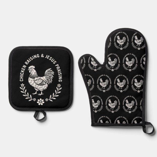 Chicken Raising & Jesus Praising Oven Mitt & Pot Holder Set (Front)