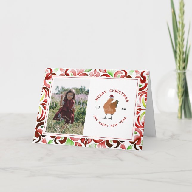 Chicken Red & Green Watercolor Christmas Photo Holiday Card (Front)
