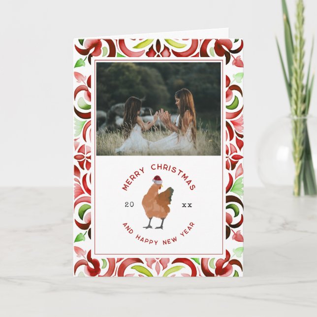 Chicken Red & Green Watercolor Christmas Photo Holiday Card (Front)
