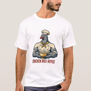 Chicken Rice Repeat Funny Muscular Chef Pigeon Gym T-Shirt