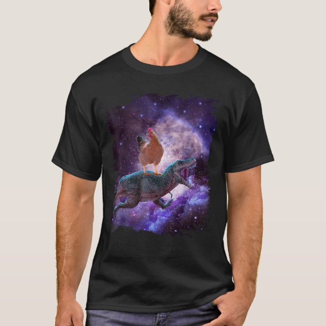 Chicken Riding Dinosaur In Space Rainbow T Shirt (Front)