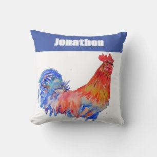 Chicken Rooster Bird Kids Boys Name Blue Red Cushion