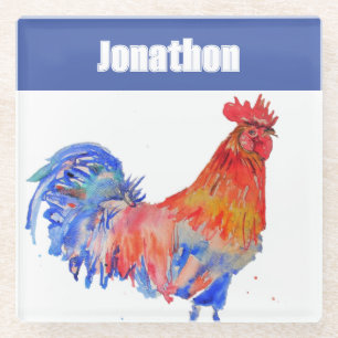 Chicken Rooster Bird Kids Boys Name Blue Red Glass Coaster