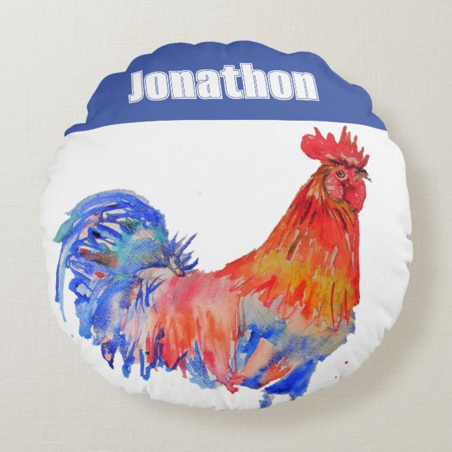 Chicken Rooster Bird Kids Boys Name Blue Red Round Cushion (Front)