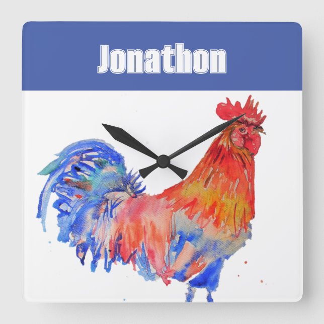 Chicken Rooster Bird Kids Boys Name Notebook Square Wall Clock (Front)
