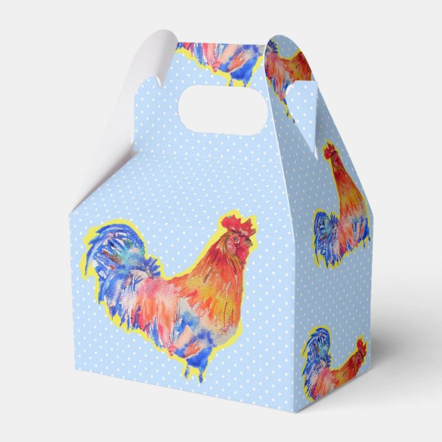Chicken Rooster Blue Boys Birthday Cake Favor Box (Front Side)
