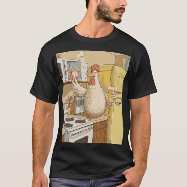 CHICKEN SMOKING , HAVING A BEER A POPCORN T-Shirt (Front)