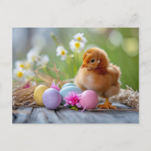 Chicken stands beside an Easter nest with eggs Postcard