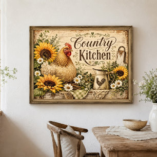 Chicken Sunflowers Country Farmhouse Kitchen Poster