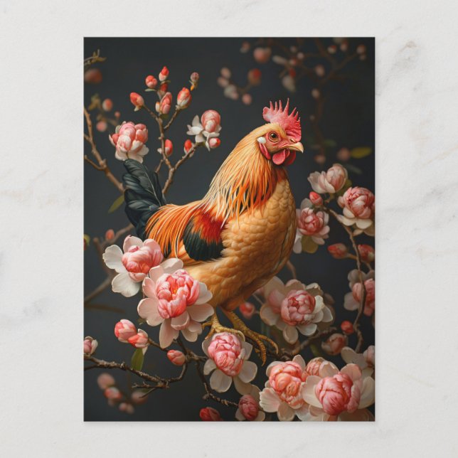 Chicken Surrounded by Pink Flowers Postcard (Front)