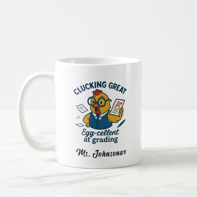Chicken Teacher With Eyeglasses Grading Paper Coffee Mug (Left)