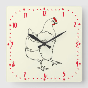 Chicken Time Cartoon Hen Drawing Farm Animal Art Square Wall Clock