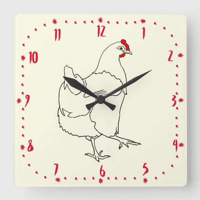 Chicken Time Cartoon Hen Drawing Farm Animal Art Square Wall Clock (Front)