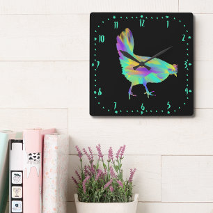 Chicken Time Cute Colourful Aqua Farm Hen Art Square Wall Clock