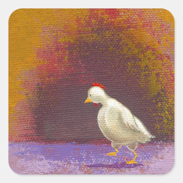 Chicken walking thinking fun unique colourful art square sticker (Front)