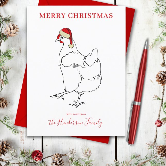 Chicken wearing a Santa hat personalised Holiday Postcard (Cute chicken merry Christmas farm hen line art simple drawing personalized holiday greetings card)