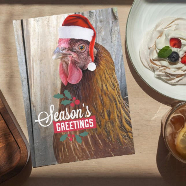Chicken Wearing Santa Cap Funny Holiday Card (In Situ)