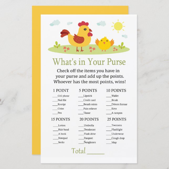 Chicken What's in your purse game baby shower (Front/Back)