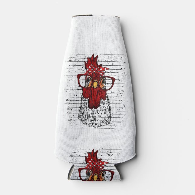 Chicken with bandanna headband and glasses cute bottle cooler (Front)
