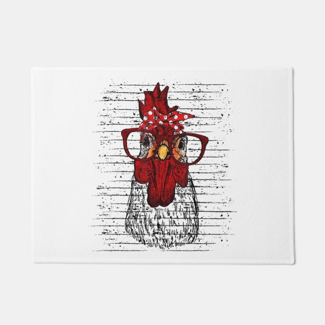 Chicken with bandanna headband and glasses cute doormat (Front)