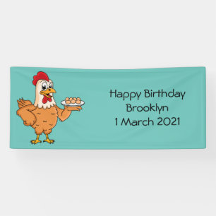 Chicken with eggs on plate cartoon banner