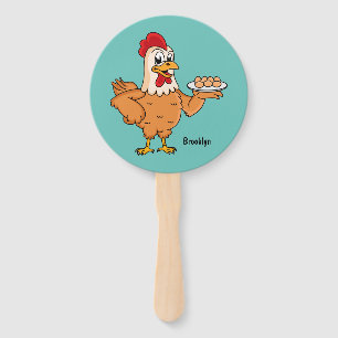 Chicken with eggs on plate cartoon hand fan