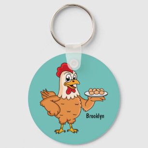 Chicken with eggs on plate cartoon key ring