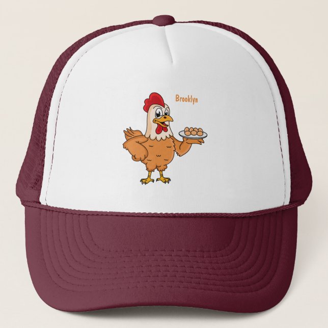 Chicken with eggs on plate cartoon trucker hat (Front)
