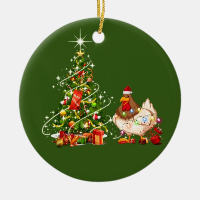 Chicken With Hat LIGHTS  Christmas Ceramic Tree Decoration (Front)