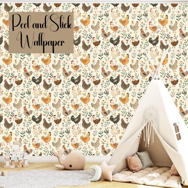 Chickens and Flowers Peel And Stick Gender Neutral Wallpaper (Creator Uploaded)