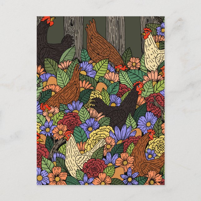 Chickens and Flowers Postcard (Front)