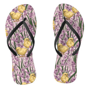 Chickens and hyacinths on pink jandals