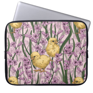 Chickens and hyacinths on pink laptop sleeve