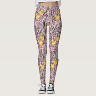 Chickens and hyacinths on pink leggings