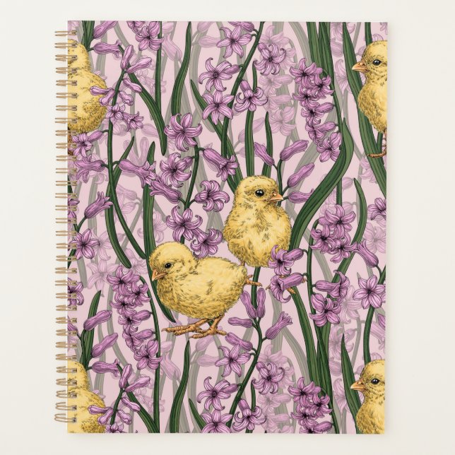 Chickens and hyacinths on pink planner (Front)