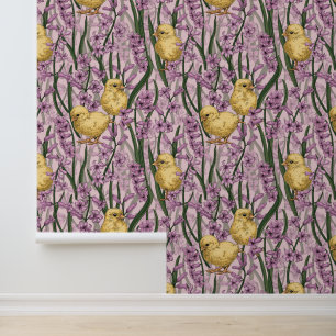 Chickens and hyacinths on pink wallpaper