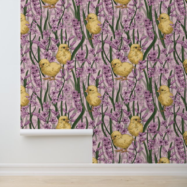 Chickens and hyacinths on pink wallpaper (Application)