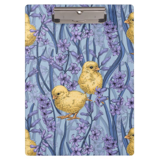 Chickens and hyacinths on sky blue clipboard (Front)