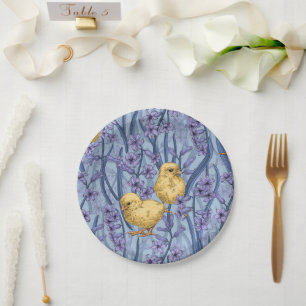 Chickens and hyacinths on sky blue paper plate