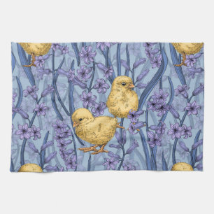 Chickens and hyacinths on sky blue tea towel