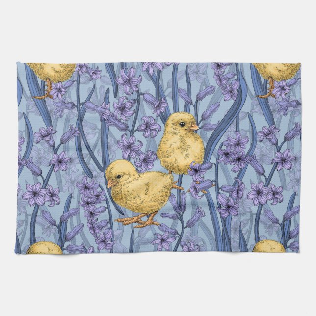 Chickens and hyacinths on sky blue tea towel (Horizontal)