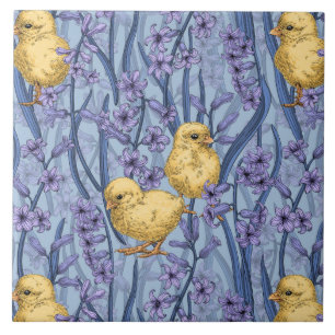 Chickens and hyacinths on sky blue tile