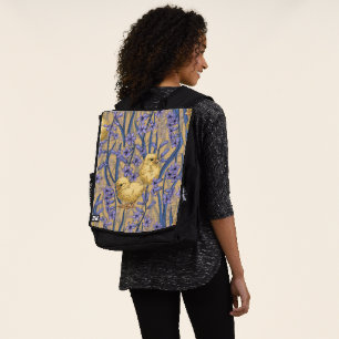 Chickens and hyacinths on yellow backpack