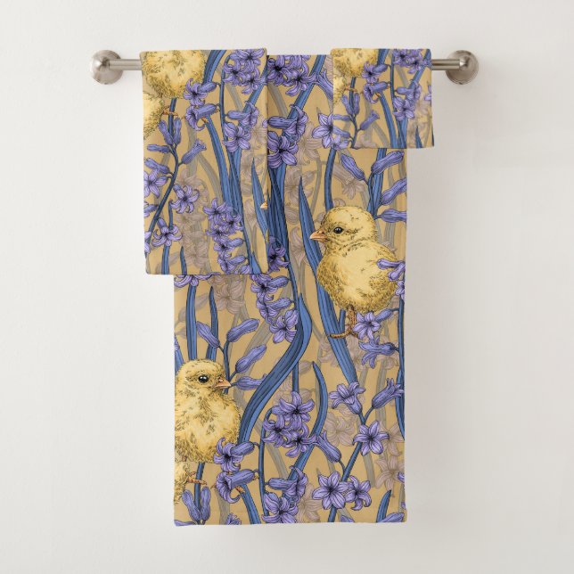 Chickens and hyacinths on yellow bath towel set (Insitu)