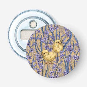 Chickens and hyacinths on yellow bottle opener