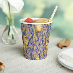 Chickens and hyacinths on yellow paper cups