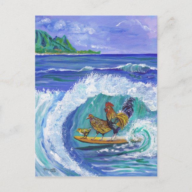 Chickens and Rooster Surfing Kauai Beach Card (Front)